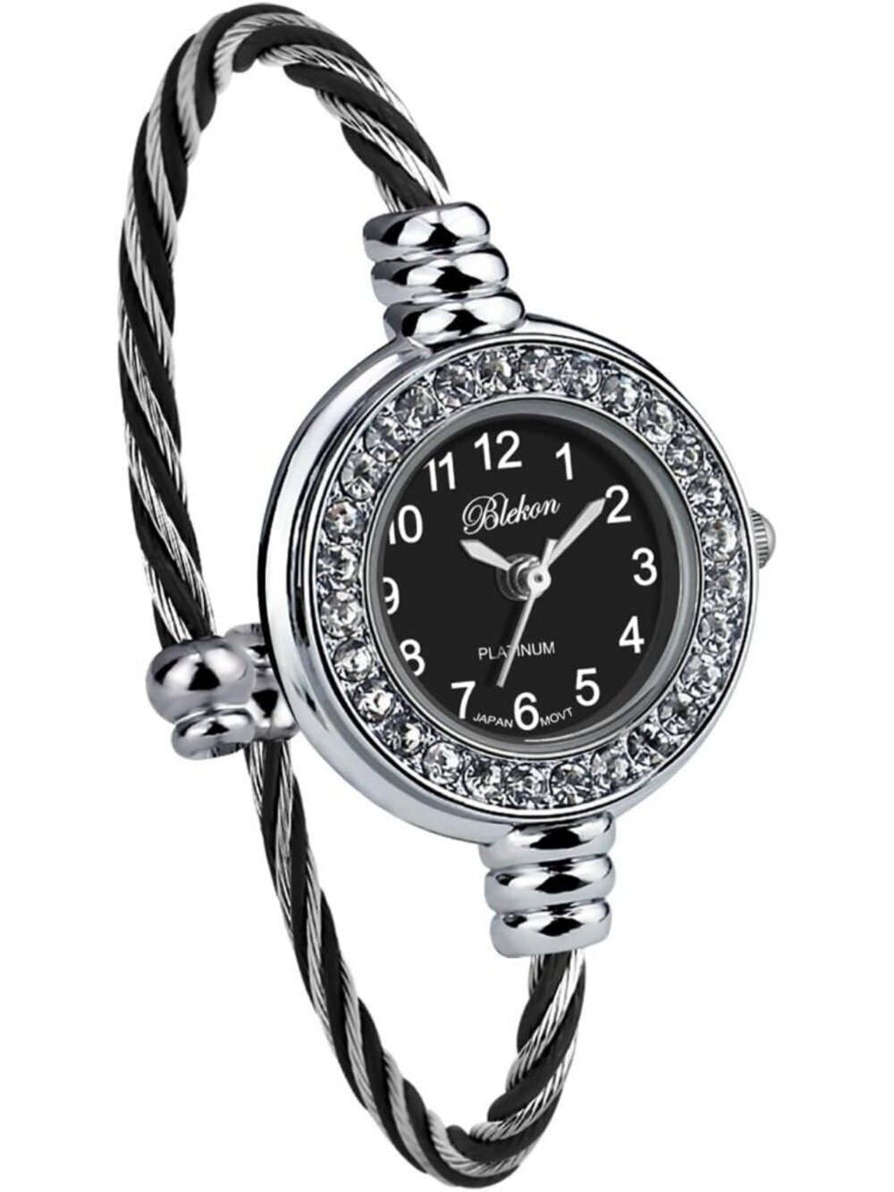 Women Silver And Black Analog Cable Cuff Arabic Number Rhinestone Bracelet Watch - Picture 3 of 7
